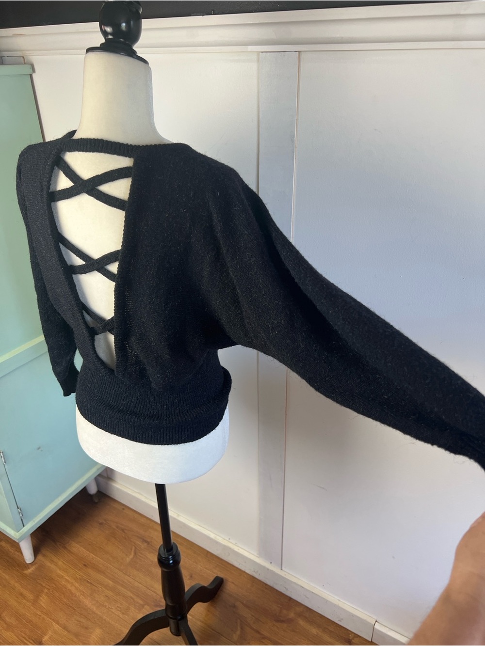 80s Vintage Black Off-the-Shoulder Lace-Up Cross Back Sweater